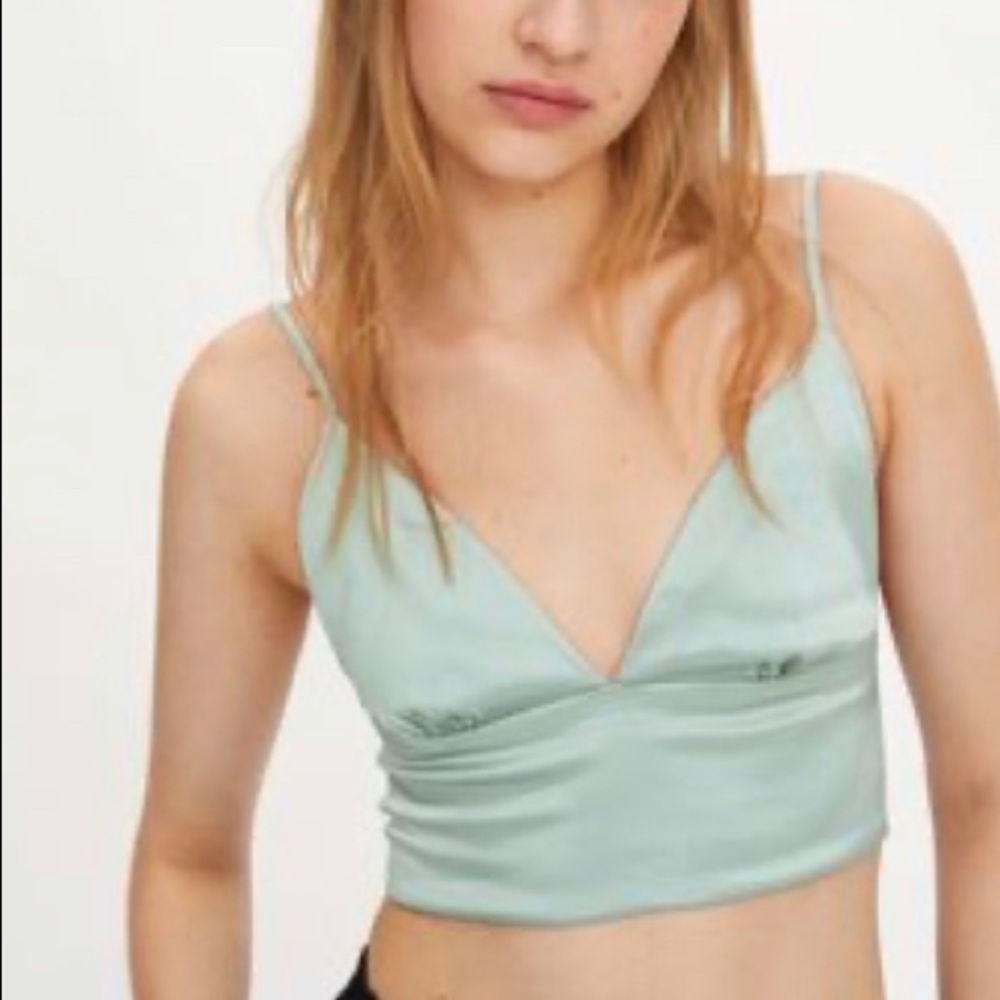 Zara seafoam blue green satin bralette crop top